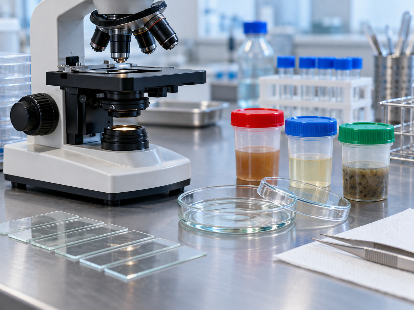 Microscope and clean slides for parasitology diagnostics