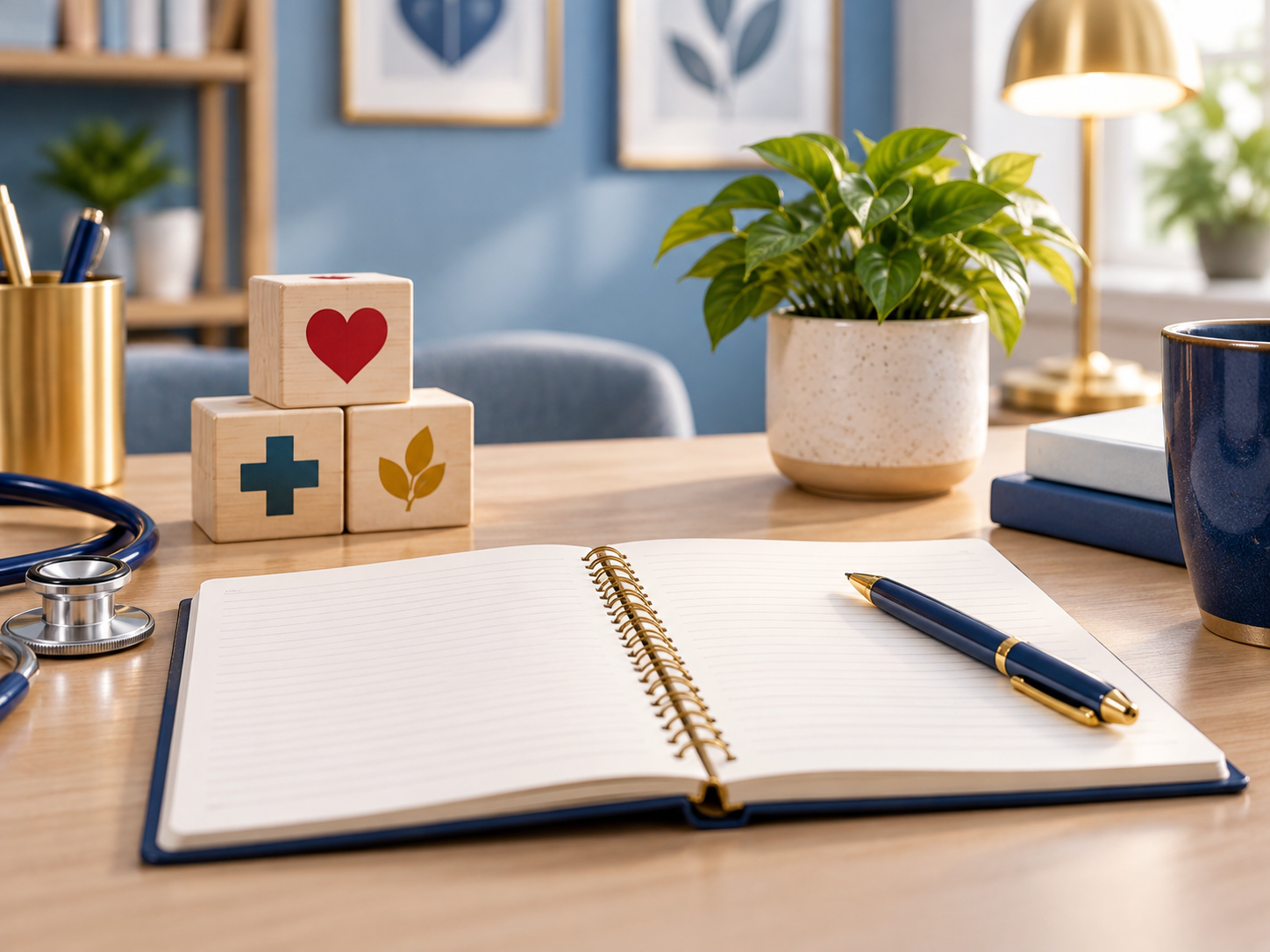 Open notebook and health symbols representing health education