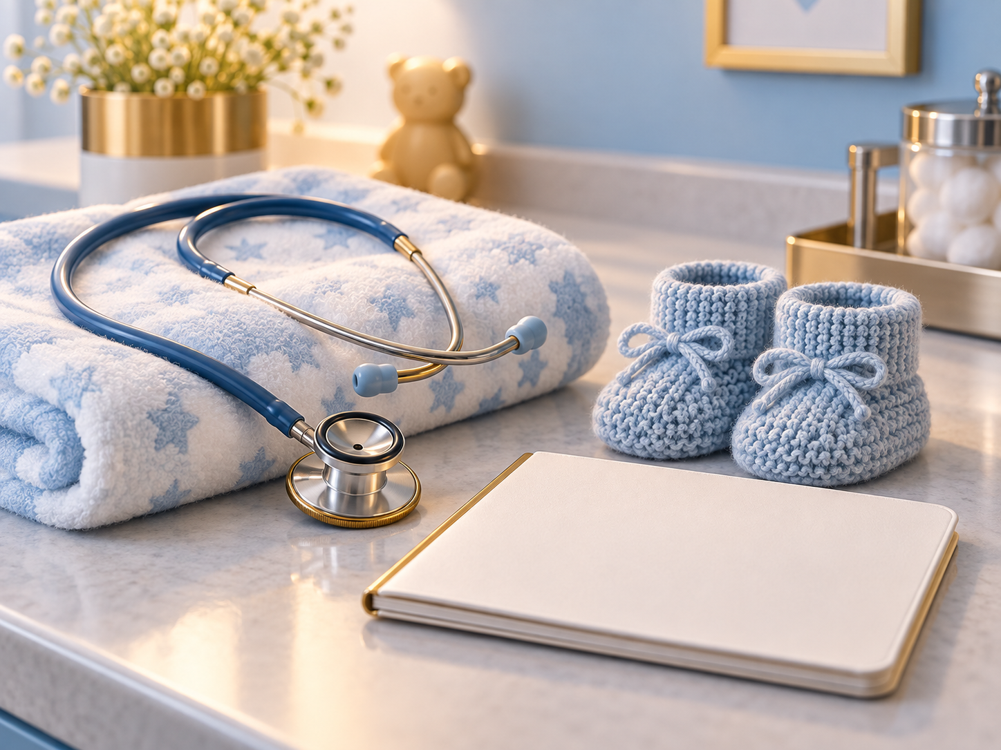 Baby blanket, infant stethoscope and knitted booties representing maternal and child health